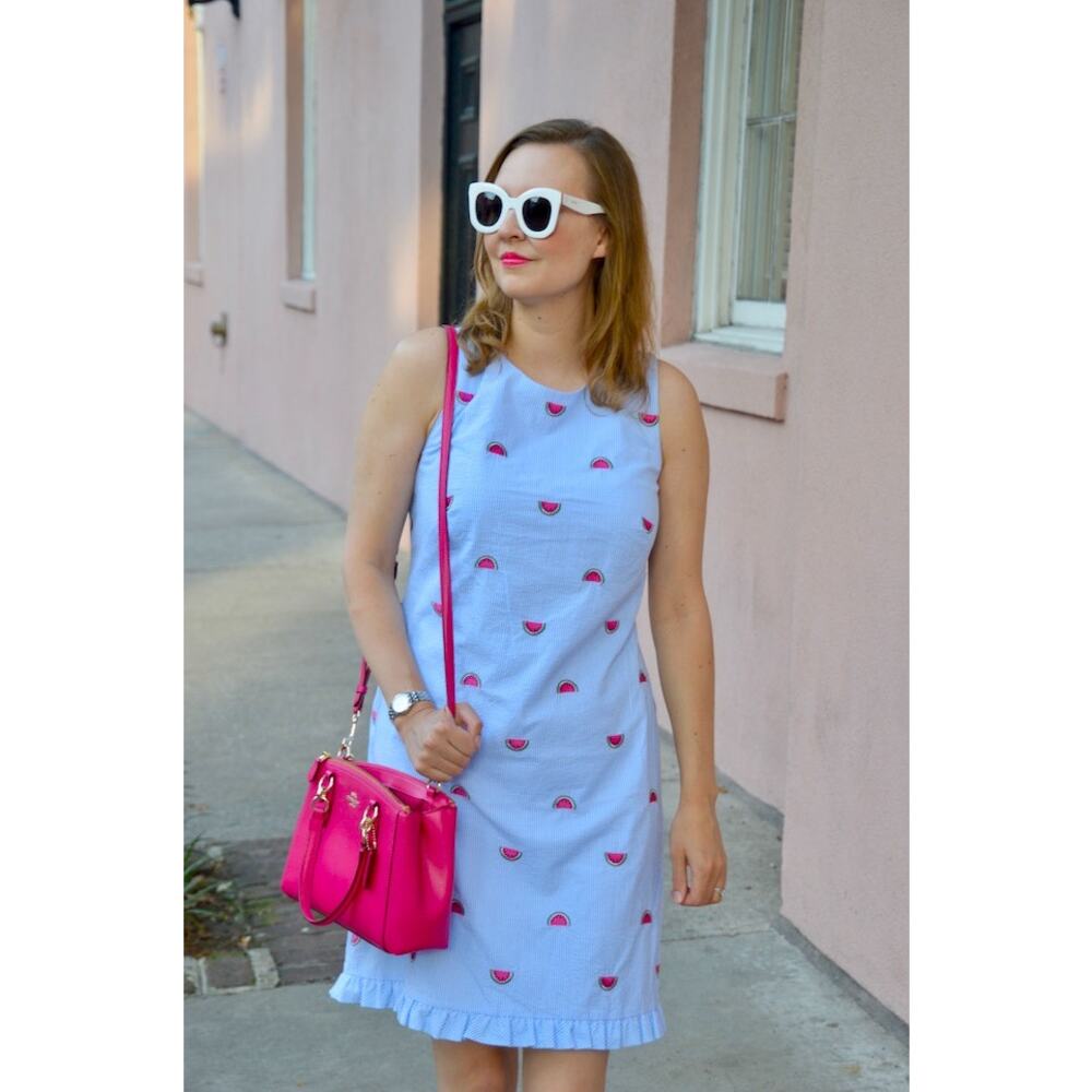 Talbots Blue & White Seersucker Embroidered Watermelon Print Shift Dress Sz 6 - Picture 11 of 11